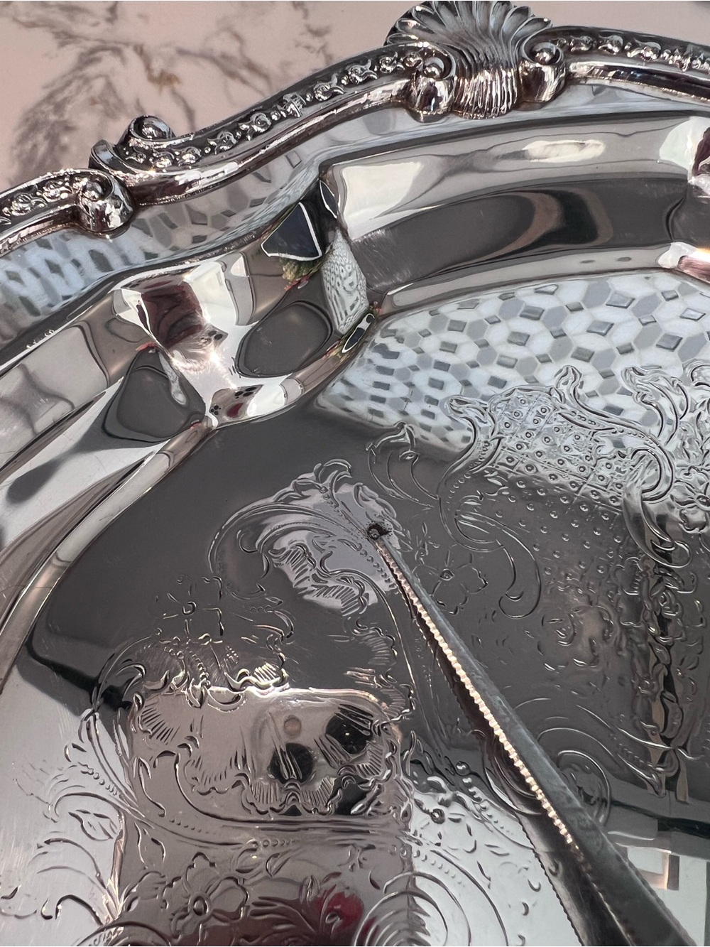 Antique Ornate Silver Plated Footed Tray Large 16" Heavy Solid Stamped Sheridan - Picture 5 of 12